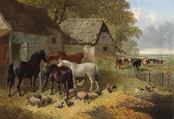 Horses, Cattle, Pigs, Chickens and Ducks in a Farmyard Oil Painting by John Frederick Herring Snr