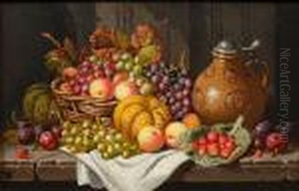 Still Life Of Fruit And A Stoneware Bellarmine On A Stone Ledge Oil Painting by Charles Thomas Bale