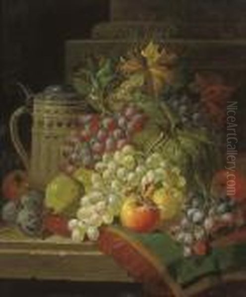 Grapes, Pears, Apples, Damsons And Apples With A Tankard, On A Ledge Oil Painting by Charles Thomas Bale