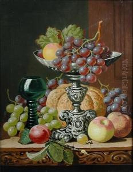 Still Life Of A Bunch Of Grapes On A Tazza, A Roemer, A Pumpkin, Apples And Plums Oil Painting by Charles Thomas Bale