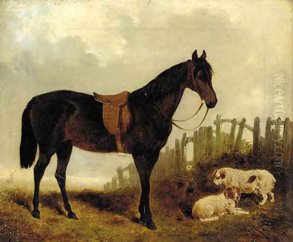 A saddled dark brown hunter with two dogs in a landscape Oil Painting by John Frederick Herring Snr