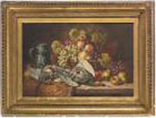 Partridges, A Tankard, Grapes, Peaches, Pears And Apples On A Wooden Ledge Oil Painting by Charles Thomas Bale