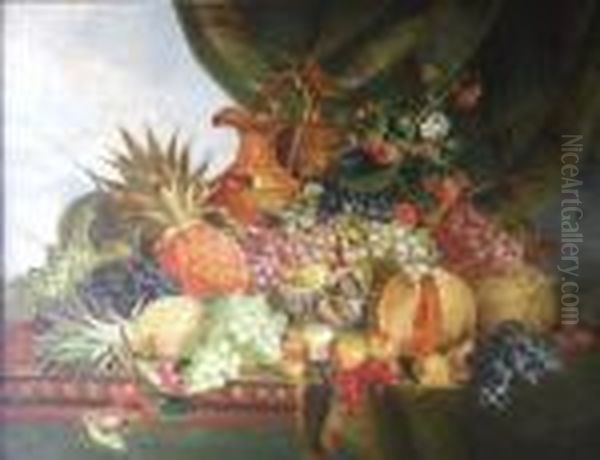 A Still Life With Pineapple, Melons, Grapes And A Ewer On A Table Top Oil Painting by Charles Thomas Bale