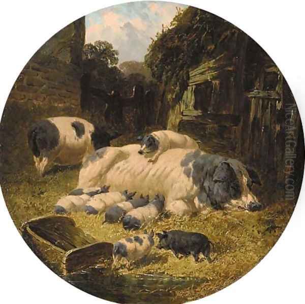 Berkshire saddlebacks with pigs and piglets in a farmyard Oil Painting by John Frederick Herring Snr