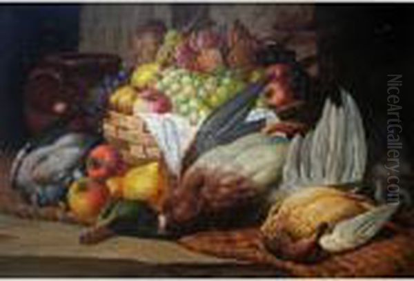 Still Life Of Duck, Pigeon And Fruit On A Shelf Oil Painting by Charles Thomas Bale