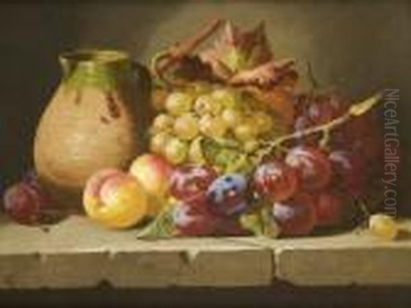 Fruit And An Earthenware Jug On A Stone Ledge Oil Painting by Charles Thomas Bale