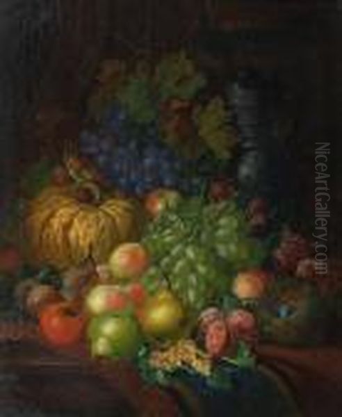 Pumpkin, Black And Green Grapes, Plums,peaches And Other Fruit On A Table Oil Painting by Charles Thomas Bale