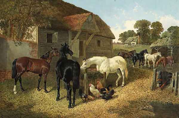 Horses and Chickens in a Farmyard Oil Painting by John Frederick Herring Snr