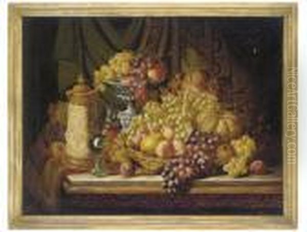 Grapes, Melon, Peaches And A Tankard On A Table Oil Painting by Charles Thomas Bale