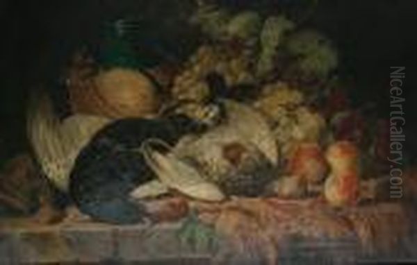 A Still Life Of Fruit And Dead Game On Ashelf Oil Painting by Charles Thomas Bale