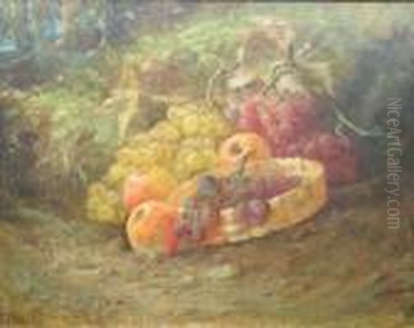 A Still Life With Grapes, Apples And Wicker Basket Oil Painting by Charles Thomas Bale