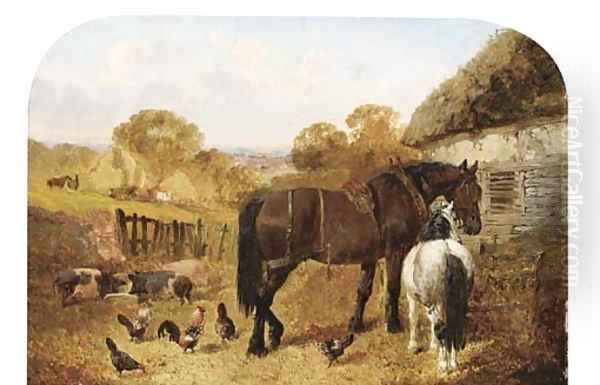 Horses, pigs and chickens in a farmyard Oil Painting by John Frederick Herring Snr