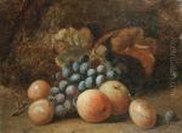 A Still Life Of Apples, Plums And Grapes On A Mossy Ground Oil Painting by Charles Thomas Bale