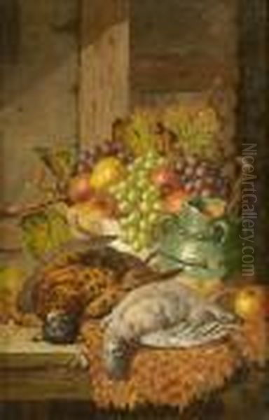 Still Lifes Of Fruit And Stein On A Stone Cill; Fruit And Game On Atable Top A Pair Oil Painting by Charles Thomas Bale