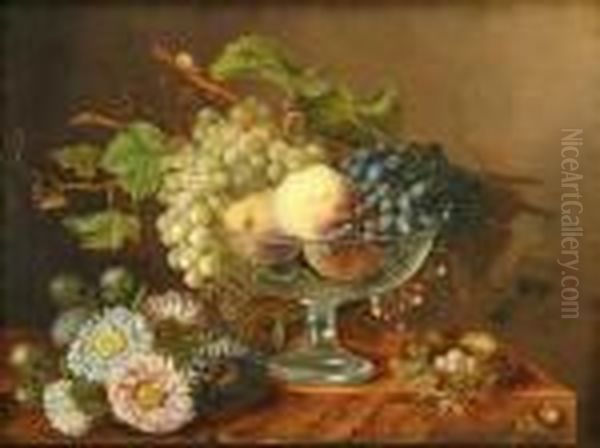 Still Life Of Flowers, Birds' Nests And Fruit In A Glassbowl Oil Painting by Charles Thomas Bale