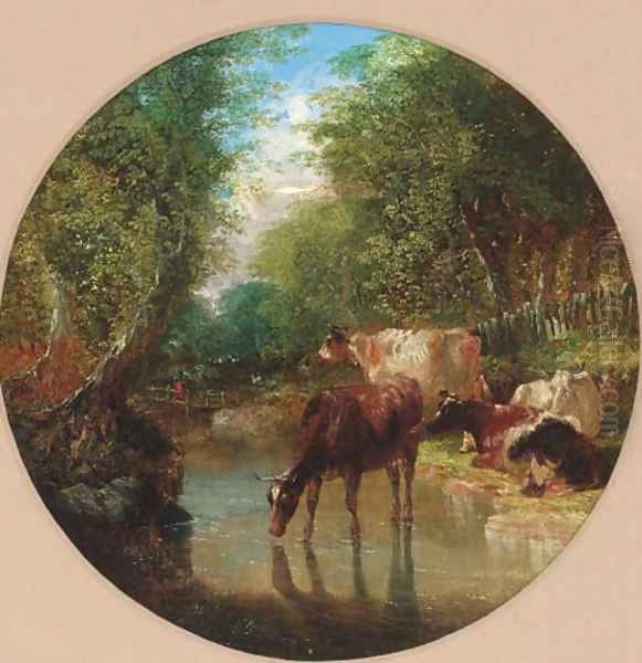 Cattle watering in a wooded landscape Oil Painting by John Frederick Herring Snr