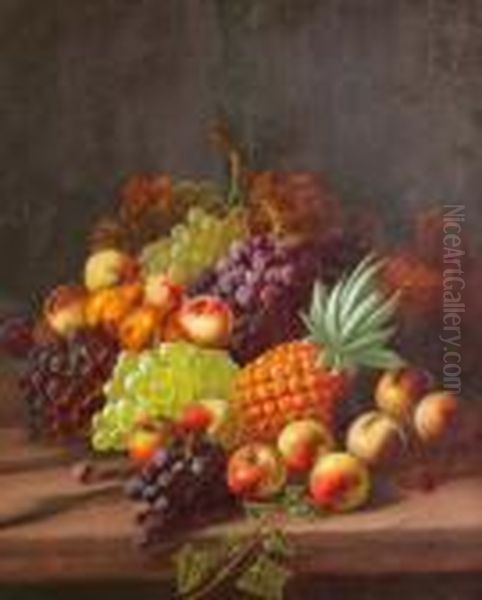 Stilllife Study Of Pears, Grapes, Pineapple And Apples On A Wooden Oil Painting by Charles Thomas Bale