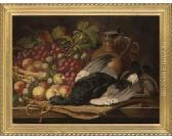 Blackcock, An English Partridge, Apples, Grapes And A Pitcher On A Table Oil Painting by Charles Thomas Bale