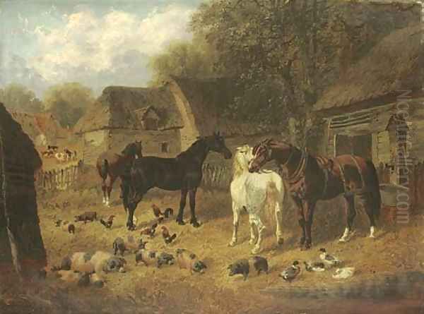 Horses, pigs and ducks outside a stable Oil Painting by John Frederick Herring Snr