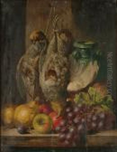 A Still Life Of Grey Partridge, Fruit And An Earthenware Jug Oil Painting by Charles Thomas Bale