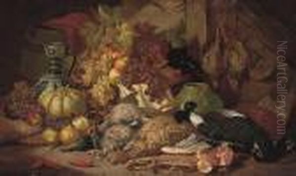 Dead Game, Fruit, A Vase And Ewer In A Timbered Interior Oil Painting by Charles Thomas Bale