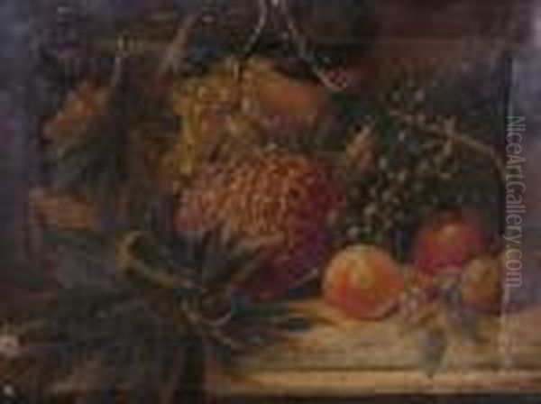 A Still Lifeof Grapes, Pineapple, Apples And Orange Oil Painting by Charles Thomas Bale