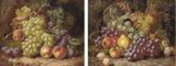 Grapes, Peaches And Plums On A 
Mossy Bank; And Grapes, Apples,plums And A Pear On A Mossy Bank Oil Painting by Charles Thomas Bale