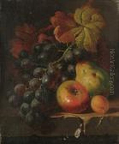 Still Life Of Fruit And Vine Leaves On A Ledge; And A Companion Oil Painting by Charles Thomas Bale