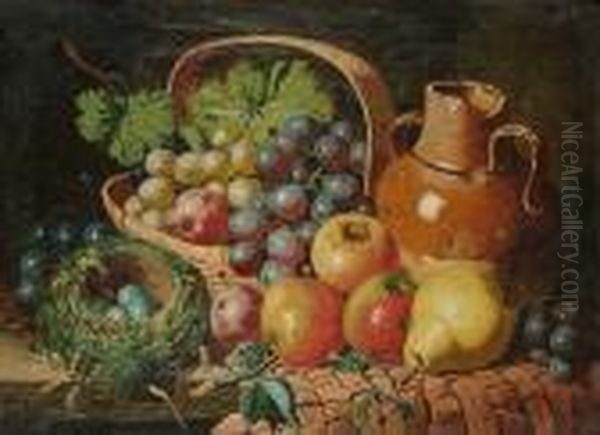 A Still Life Of Fruit, A Birds Nest And A Jug; & A Companion Oil Painting by Charles Thomas Bale