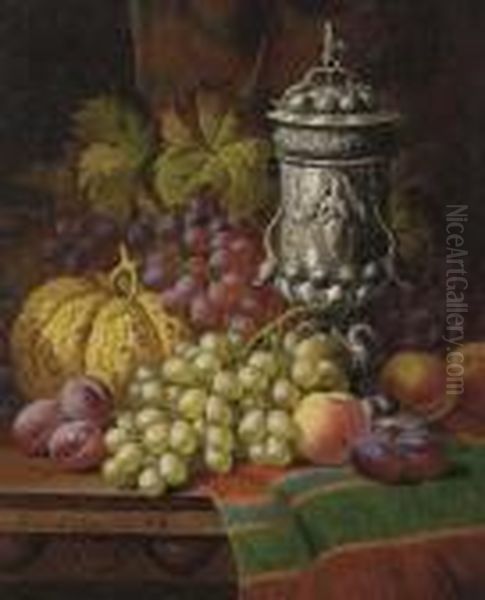 Grapes, Plums, Peaches, A Gourd And An Elaborate Covered Compote Ona Table Top Oil Painting by Charles Thomas Bale