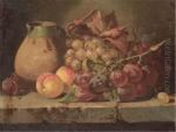 Grapes, Plums, And Peaches With A Jug On A Ledge Oil Painting by Charles Thomas Bale