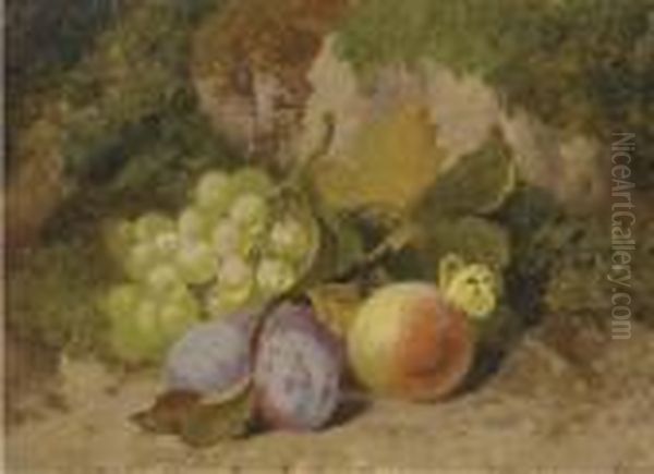 Grapes, Plums, A Peach And A Butterfly, On A Mossy Bank Oil Painting by Charles Thomas Bale