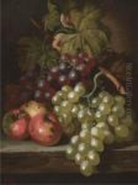 Grapes And Apples On A Wooden 
Ledge; And Grapes, Peaches, A Plum,and A Squash, On A Stone Ledge Oil Painting by Charles Thomas Bale