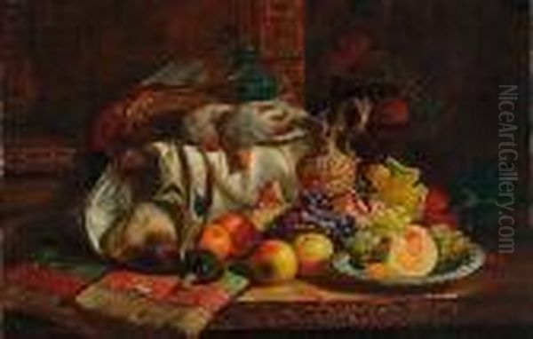 Still Life Of Fruit, Game And An Ewer Oil Painting by Charles Thomas Bale