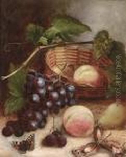 Grapes, Peaches, A Pear And Cobb Nuts With A Basket On A Table Oil Painting by Charles Thomas Bale