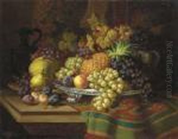 Pineapples, Grapes, Plums And Pears On A Silver Tray With A Jar On A Draped Wooden Ledge Oil Painting by Charles Thomas Bale