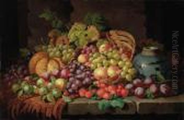 A Basket Of Grapes, Plums, 
Peaches, Strawberries And A Melon With A Jar On A Draped Stone Table Oil Painting by Charles Thomas Bale