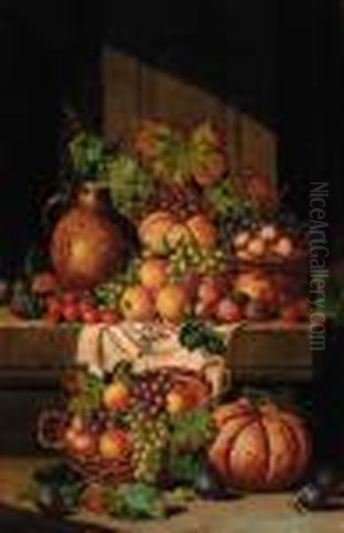 A Flask On A Ledge, With Baskets Of Grapes, Plums, Apples Andsquashes Oil Painting by Charles Thomas Bale