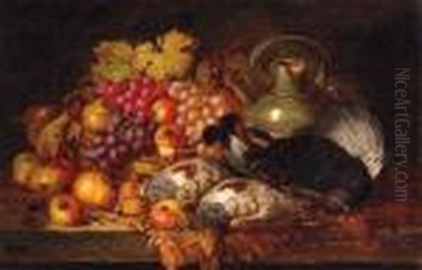 Grapes, Apples, Pears, Dead Game, A Wicker Basket And Stonewarejug, On A Wooden Ledge Oil Painting by Charles Thomas Bale