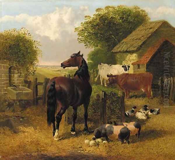 A horse, pigs, ducks and cattle in a farmyard Oil Painting by John Frederick Herring Snr