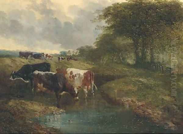 Cattle watering in an extensive landscape Oil Painting by John Frederick Herring Snr