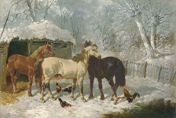 Horses and Chickens in the Snow Oil Painting by John Frederick Herring Snr