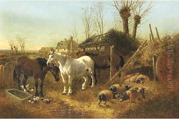 Horses and pigs in a farmyard Oil Painting by John Frederick Herring Snr