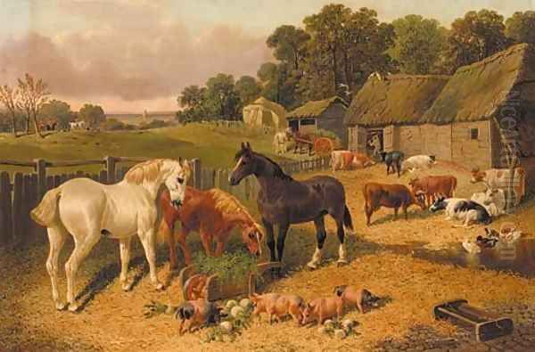 Horses, cattle, pigs, and ducks, in a farmyard, a hunt beyond Oil Painting by John Frederick Herring Snr