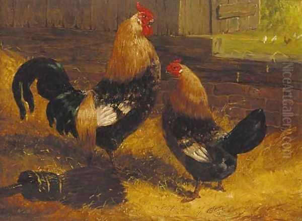 A cockerel and a hen before a barn door Oil Painting by John Frederick Herring Snr