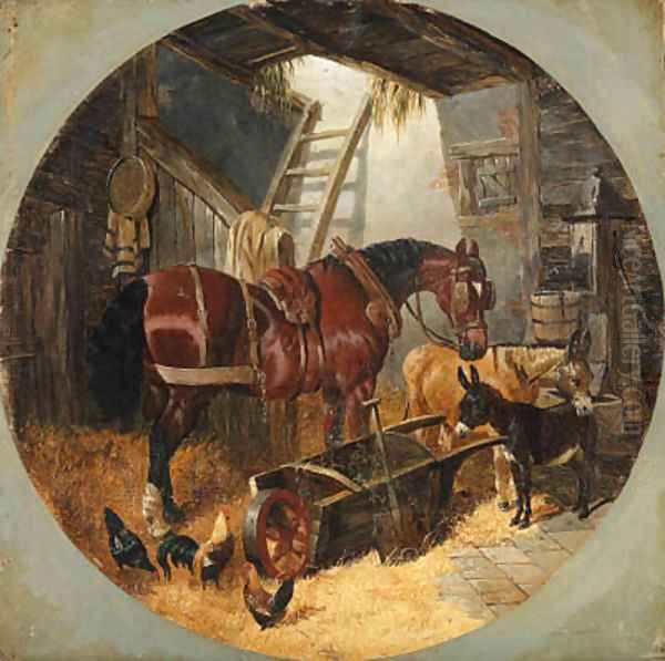 A horse with donkeys and chickens in a barn Oil Painting by John Frederick Herring Snr