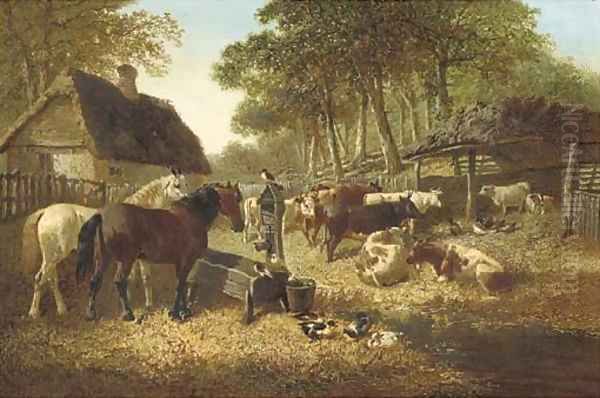 Horses and cattle in a farmyard Oil Painting by John Frederick Herring Snr