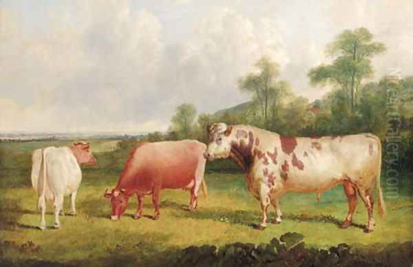 A bull and cows in a wooded landscape Oil Painting by John Frederick Herring Snr