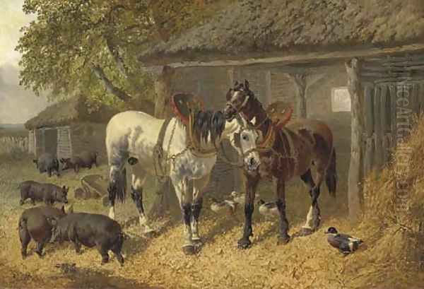 Horses, pigs and ducks in a farmyard Oil Painting by John Frederick Herring Snr