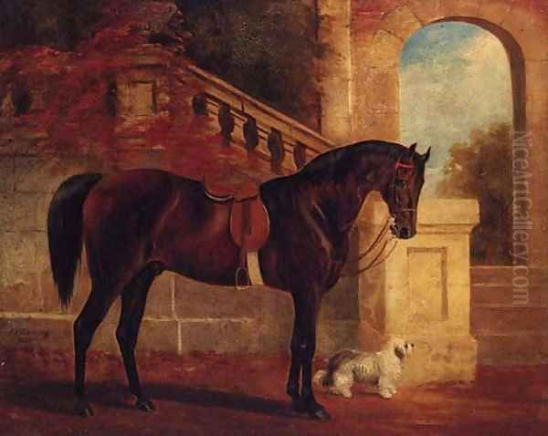 Adonis, a dark bay Hunter and Fido, a white Terrier, before a classical Terrace Oil Painting by John Frederick Herring Snr